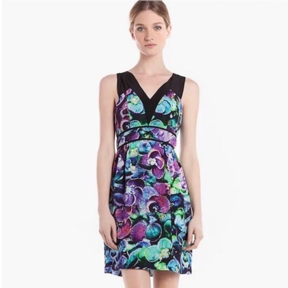 SANDRO Raisin Multicolor Floral Print Silk V-Neck Sheath Dress EUC Size 3/8